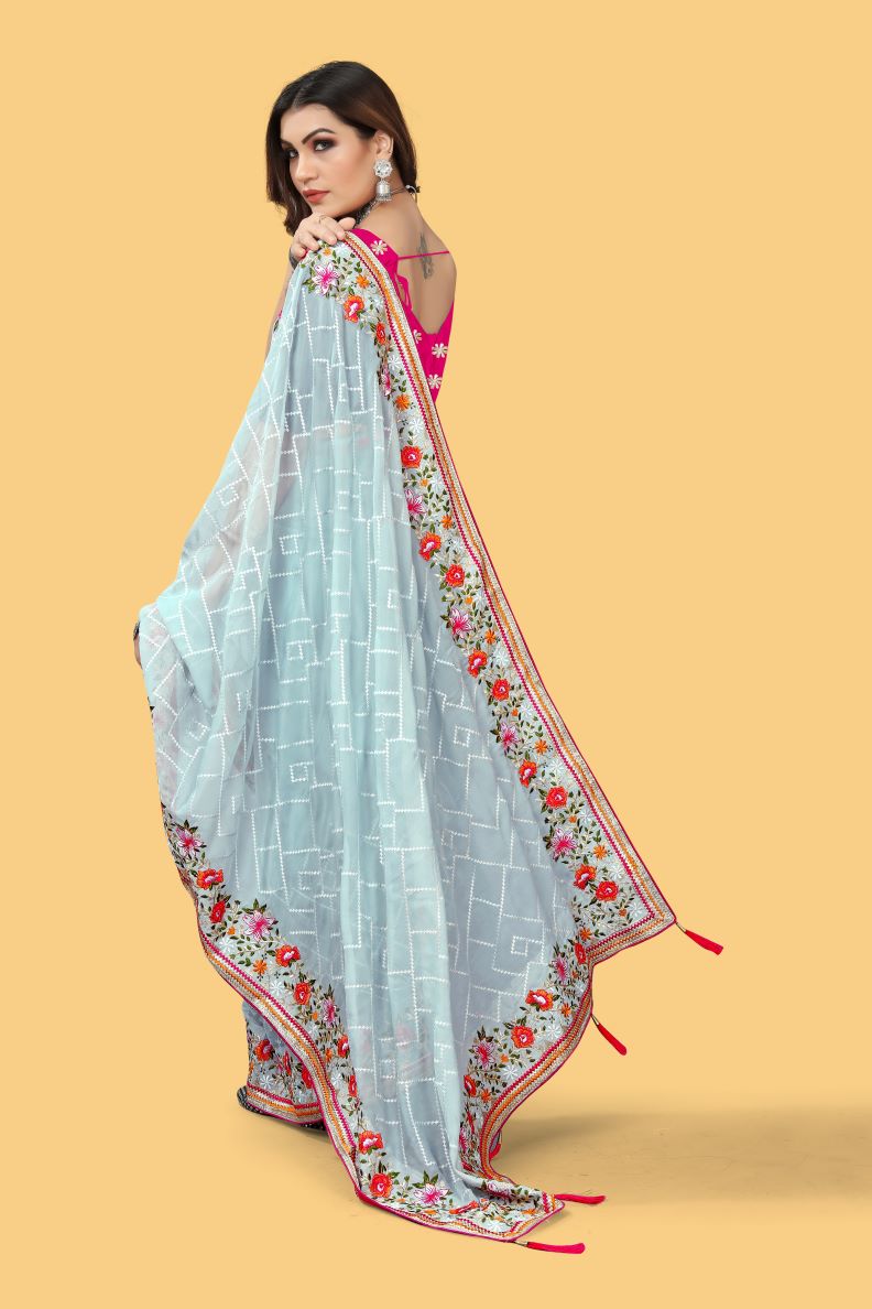 Designer Gray With Pink Blouse Colour Organza Silk Saree