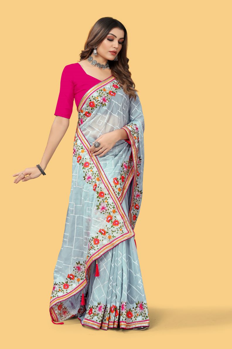 Designer Gray With Pink Blouse Colour Organza Silk Saree