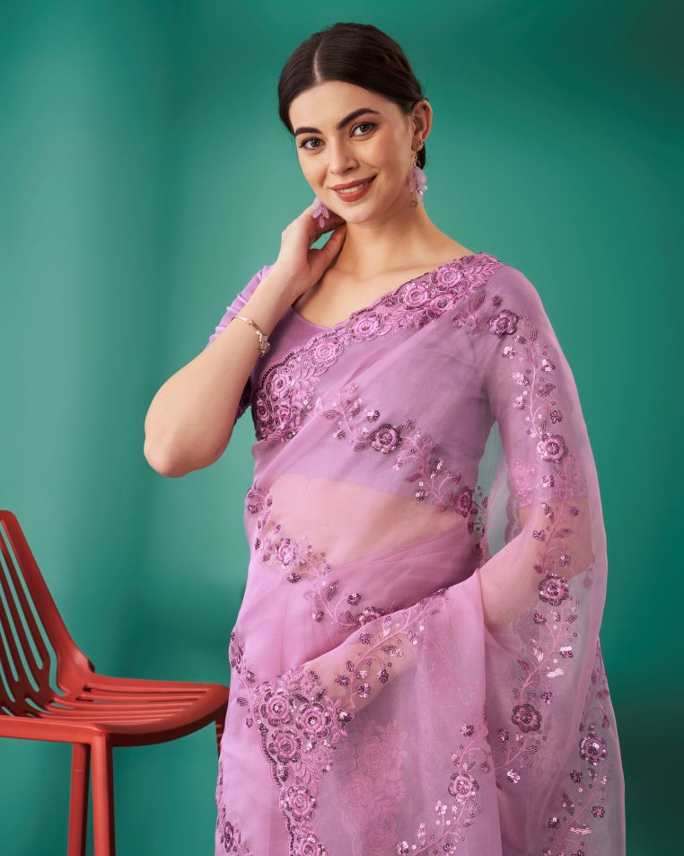 Designer Light Purple Organza Silk Saree