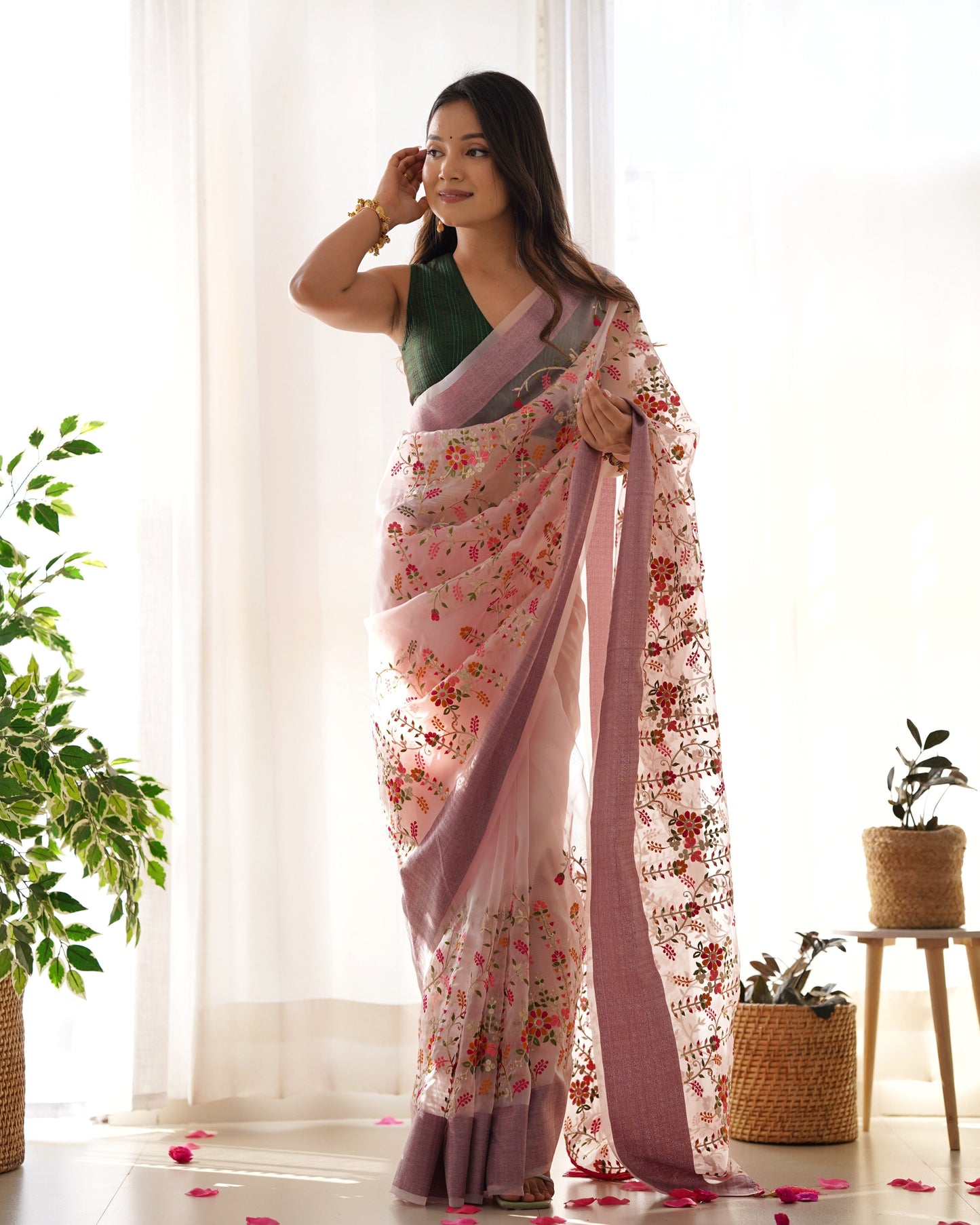 Party-Wear Light Pink Colour  With Green Blouse Organza Silk Saree