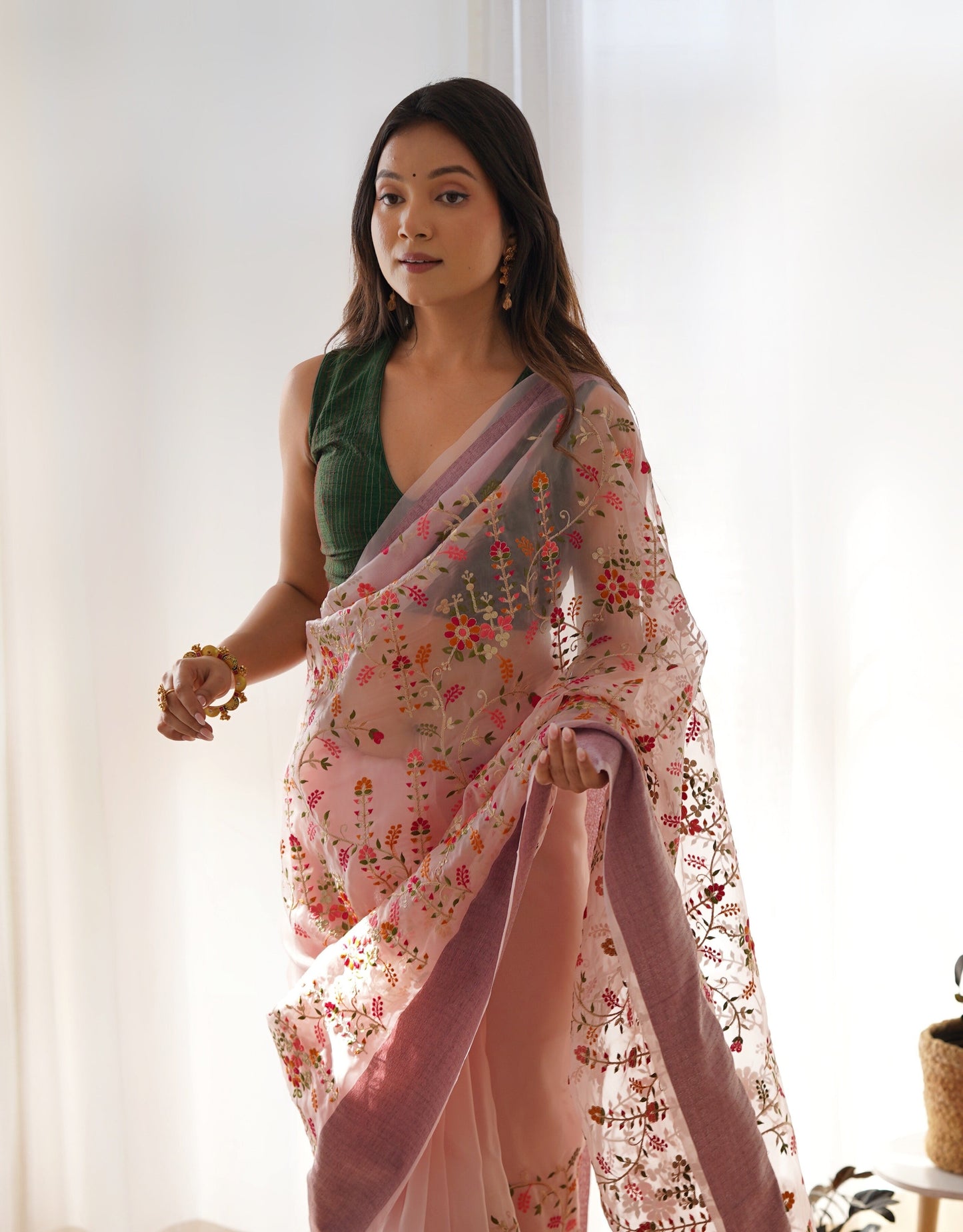 Party-Wear Light Pink Colour  With Green Blouse Organza Silk Saree