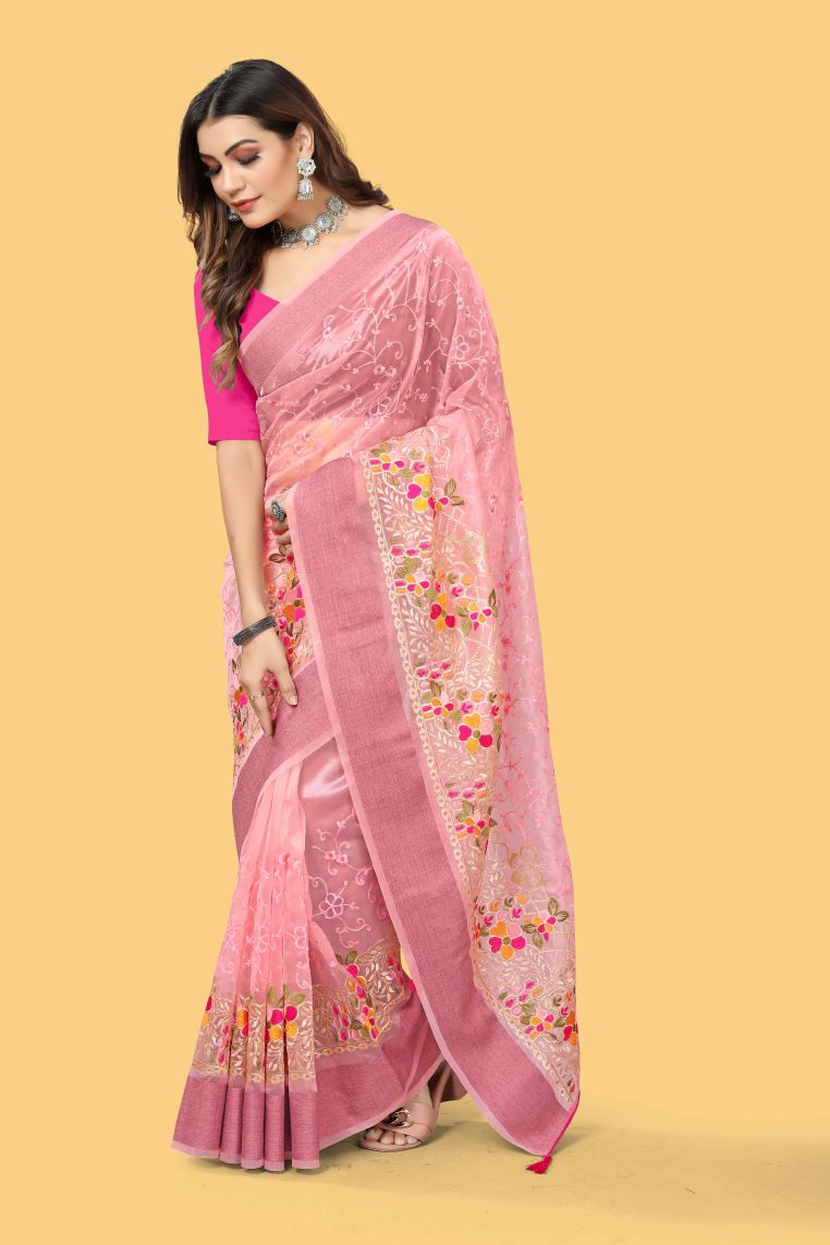 Beautiful Party-Wear Pink  Organza Silk Saree