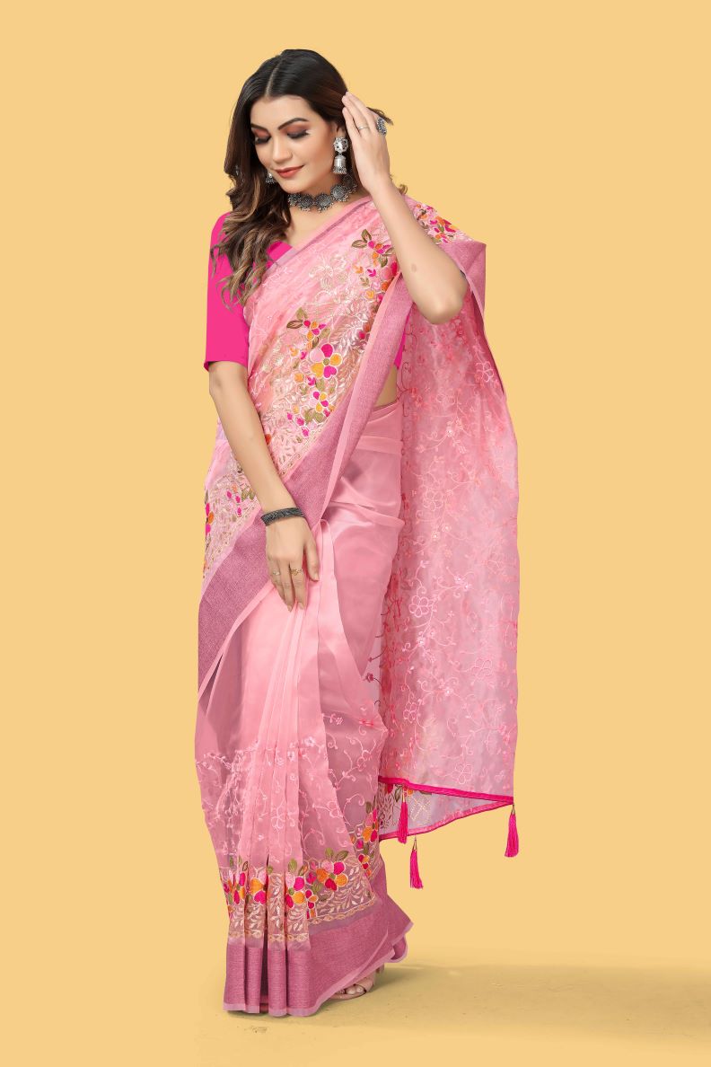 Beautiful Party-Wear Pink  Organza Silk Saree