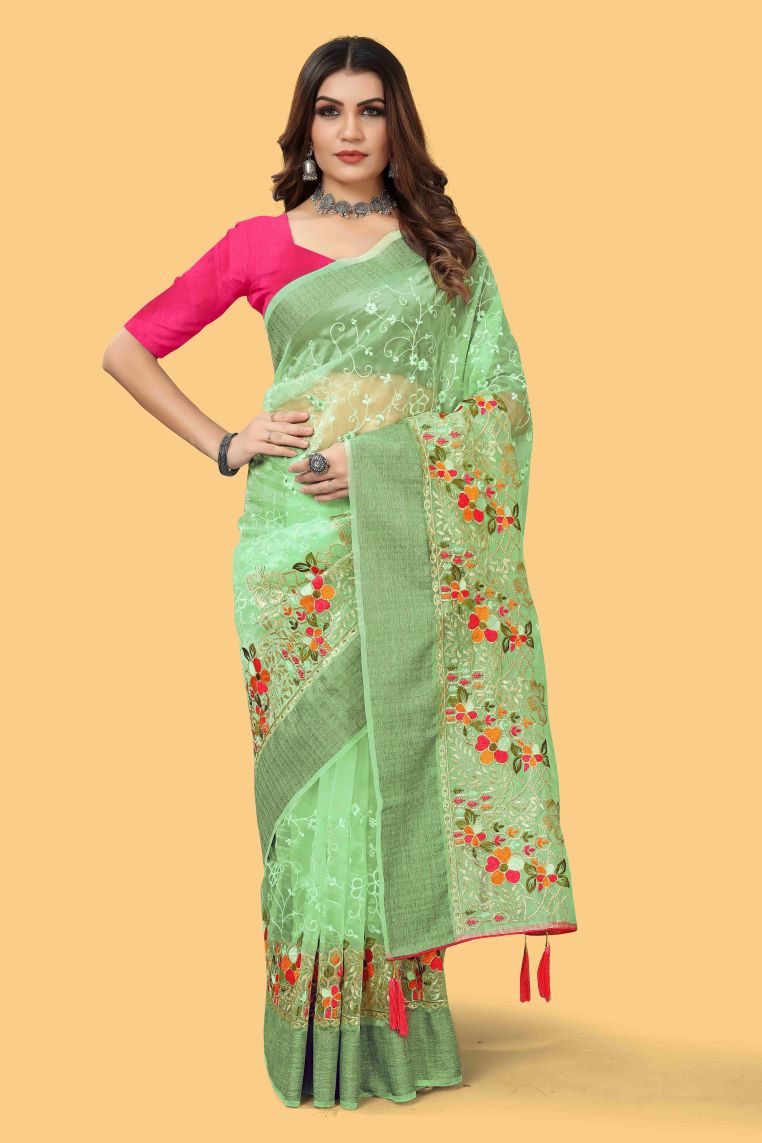 Beautiful Party-Wear Sea Green Organza Silk Saree