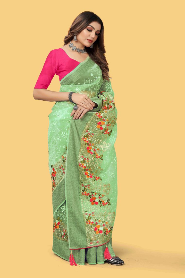 Beautiful Party-Wear Sea Green Organza Silk Saree