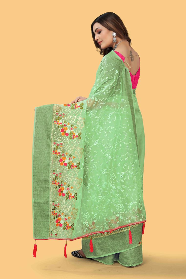 Beautiful Party-Wear Sea Green Organza Silk Saree