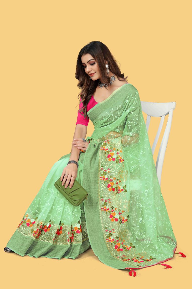 Beautiful Party-Wear Sea Green Organza Silk Saree