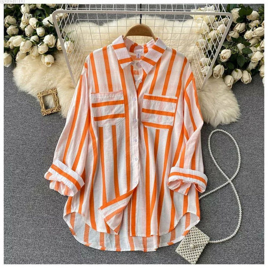 Orange Line Double Pocket  Women Shirt