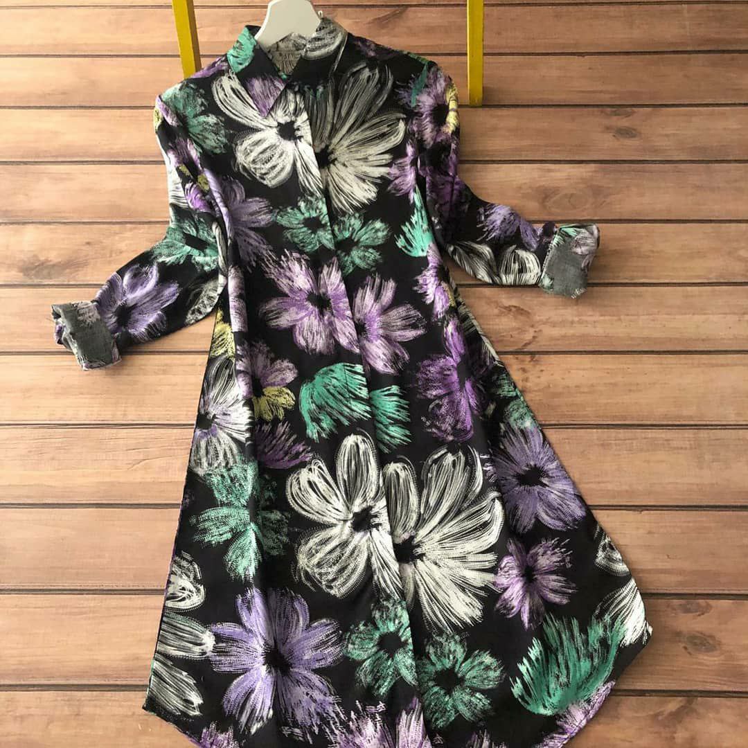 Fancy Black Purple Flower Round Kurti