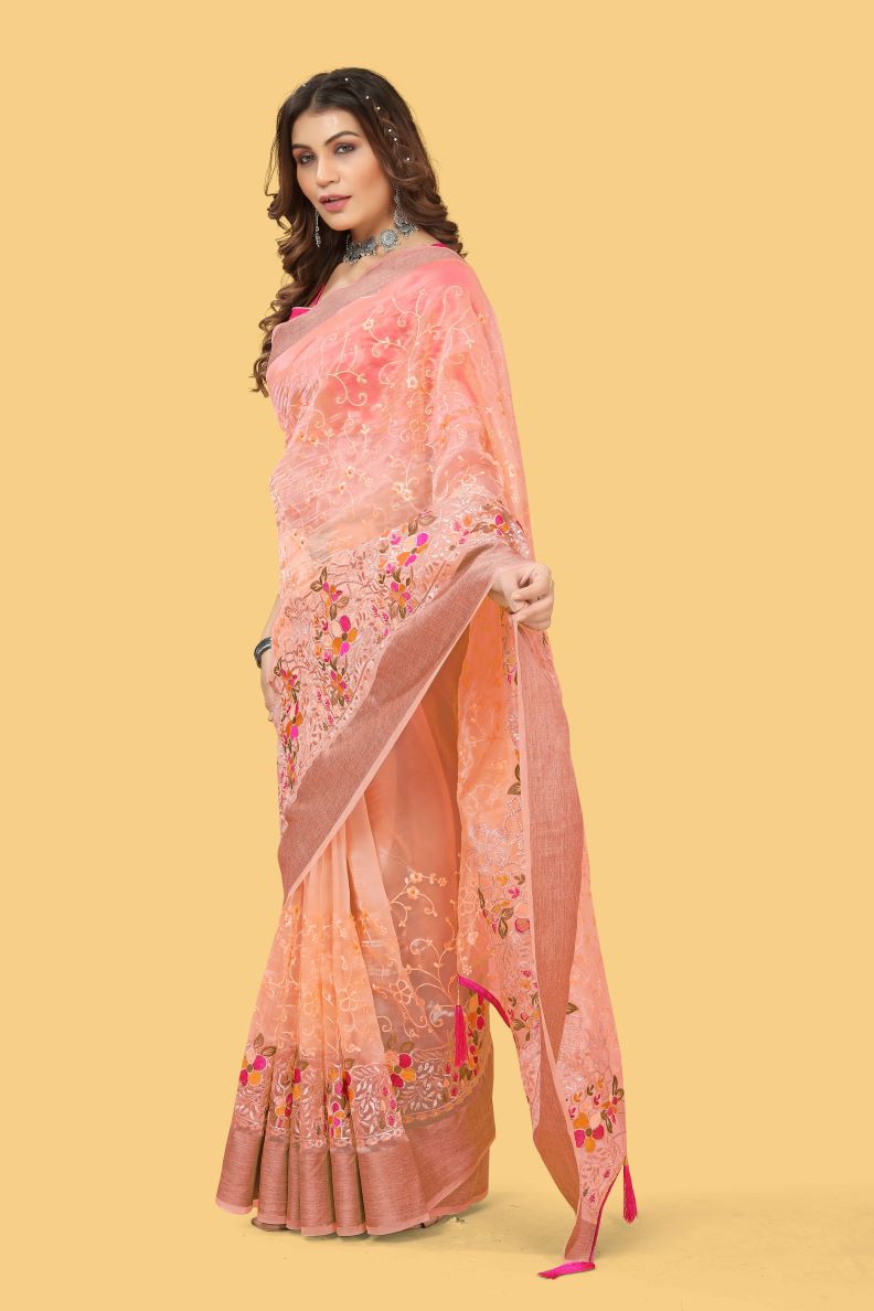 Beautiful Party-Wear Peach  Organza Silk Saree