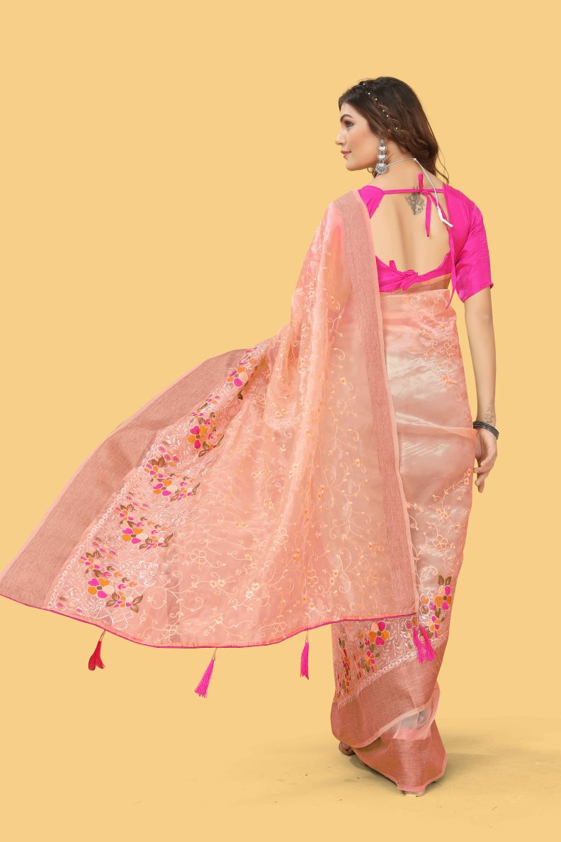 Beautiful Party-Wear Peach  Organza Silk Saree