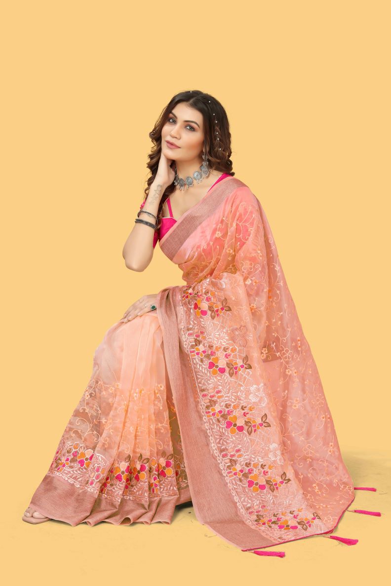 Beautiful Party-Wear Peach  Organza Silk Saree