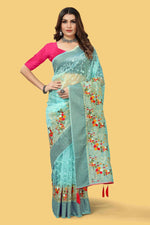 Beautiful Party-Wear Sea Blue Organza Silk Saree