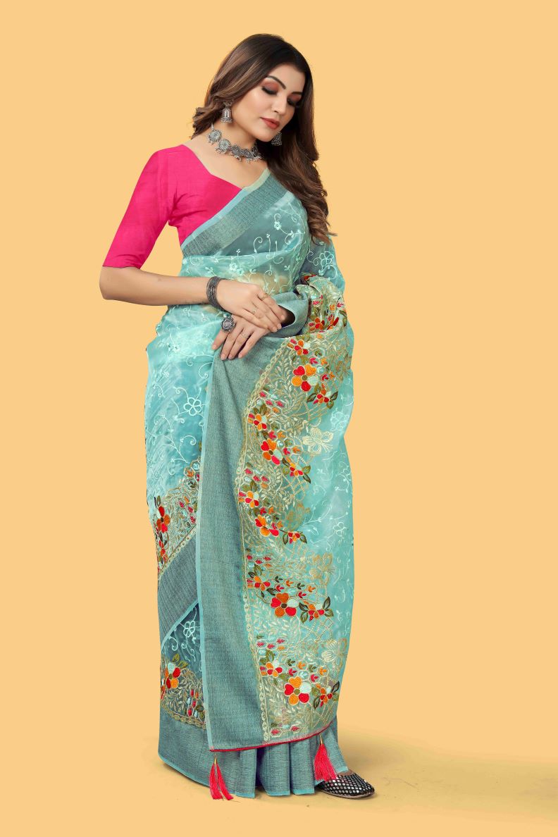 Beautiful Party-Wear Sea Blue Organza Silk Saree