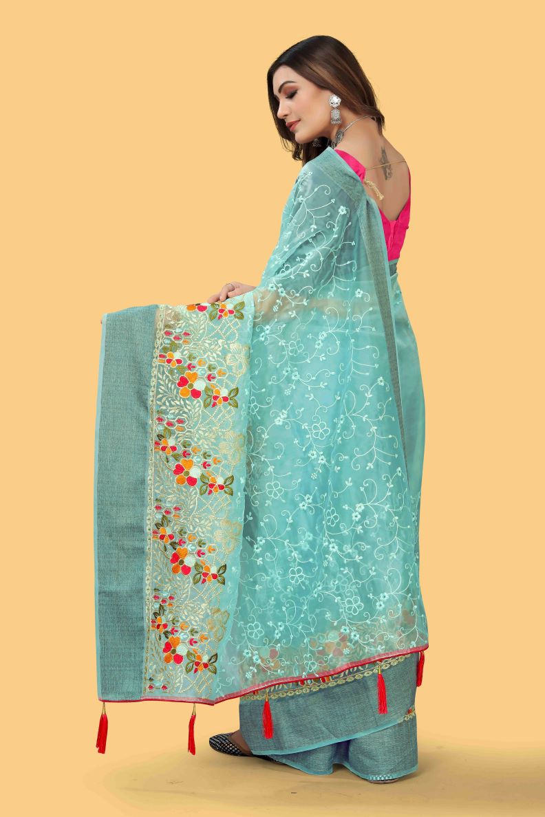 Beautiful Party-Wear Sea Blue Organza Silk Saree