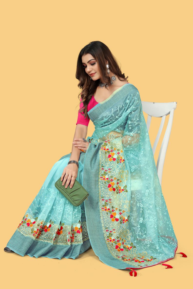 Beautiful Party-Wear Sea Blue Organza Silk Saree