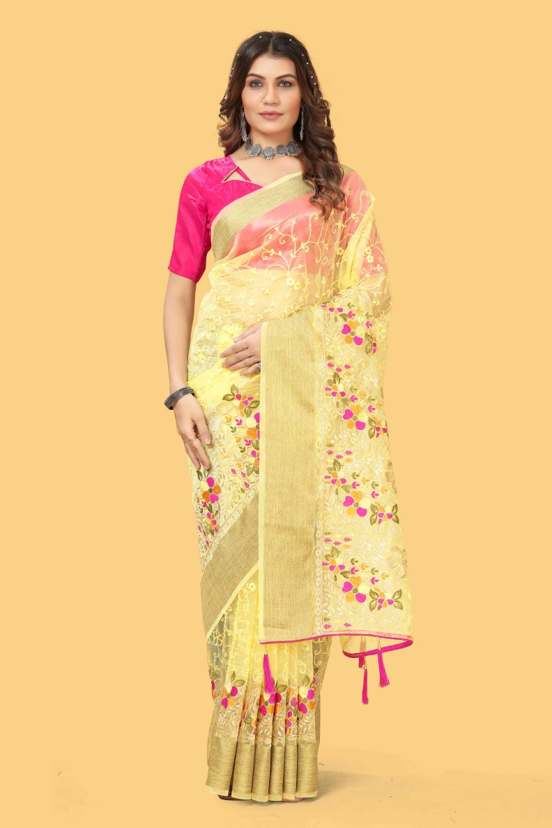 Beautiful Party-Wear Yellow Colour Organza Silk Saree