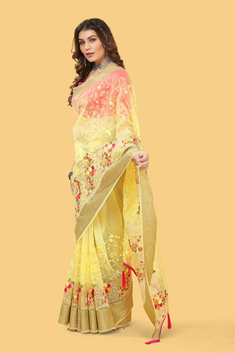 Beautiful Party-Wear Yellow Colour Organza Silk Saree