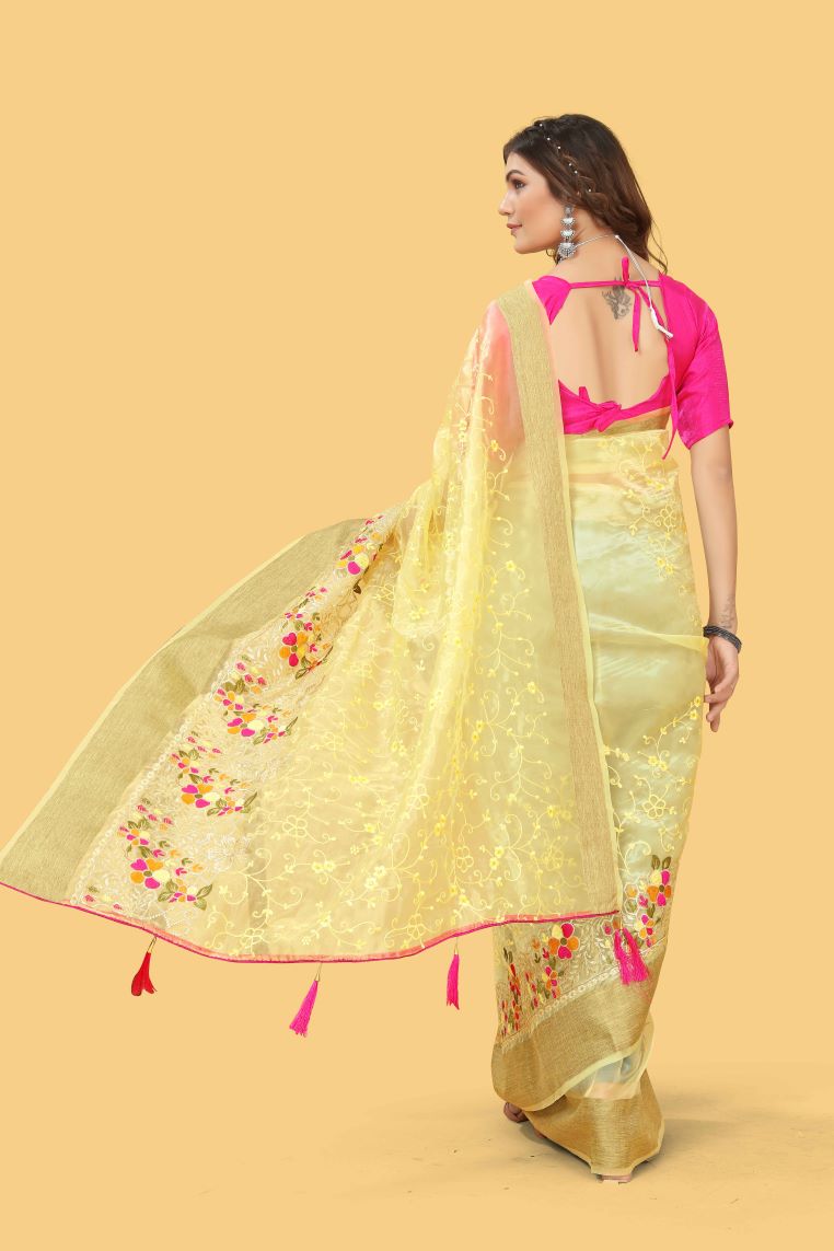 Beautiful Party-Wear Yellow Colour Organza Silk Saree